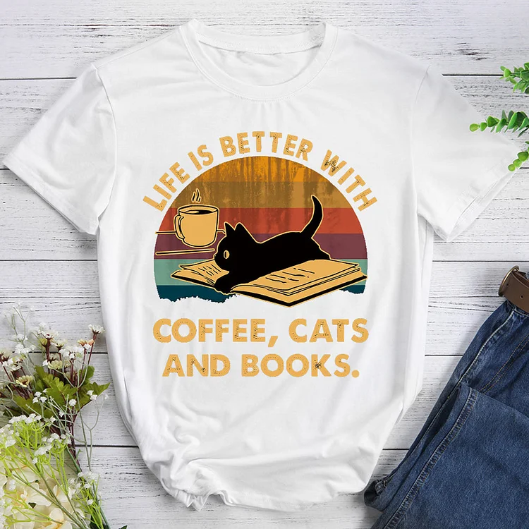 ANB - Life is better with coffee cats and books T-shirt Tee -08101