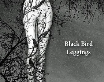 Pornhint Leggings Tights White Yoga Pants, Black Birds White Yoga Leggings Black Birds Tree Art - Dawn Mercer Designer Wear