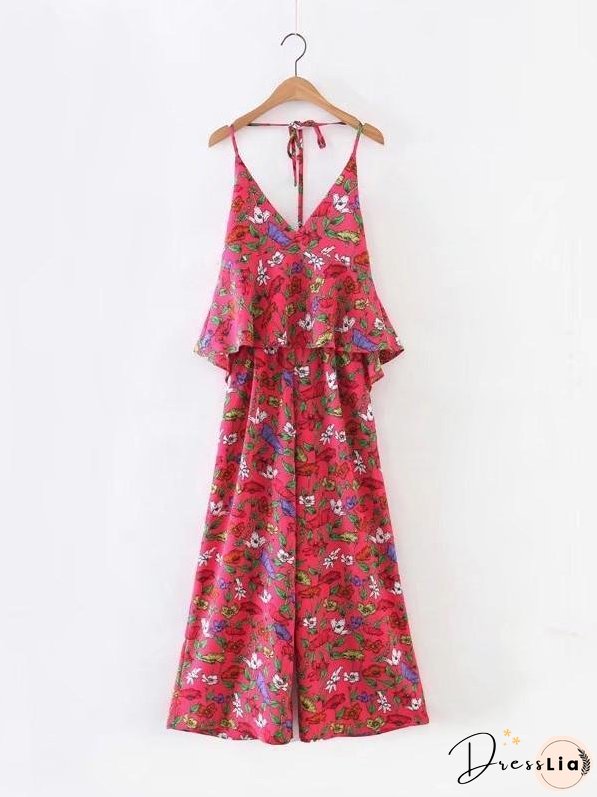 Sexy Floral-Print Off-Shoulder Deep V Neck Strape Jumpsuits