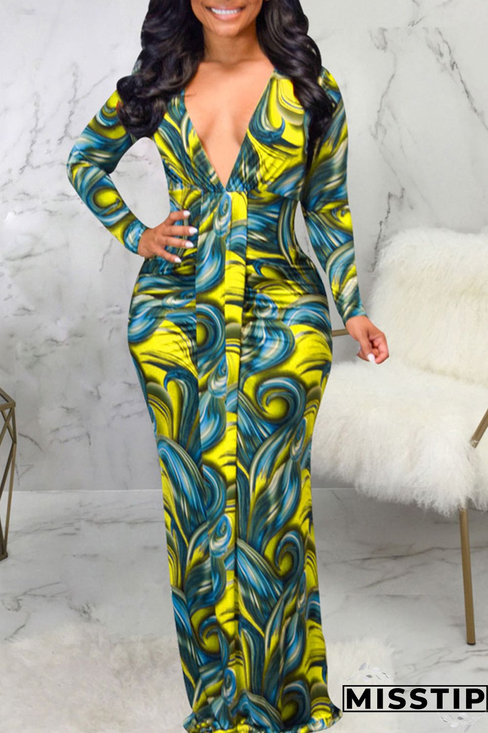 Blue Sexy Print Patchwork V Neck Long Sleeve Dresses