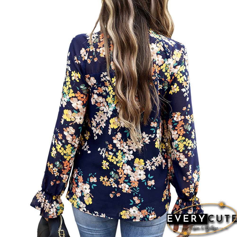 Navy Blue Floral Print Chiffon Long Sleeve Blouse