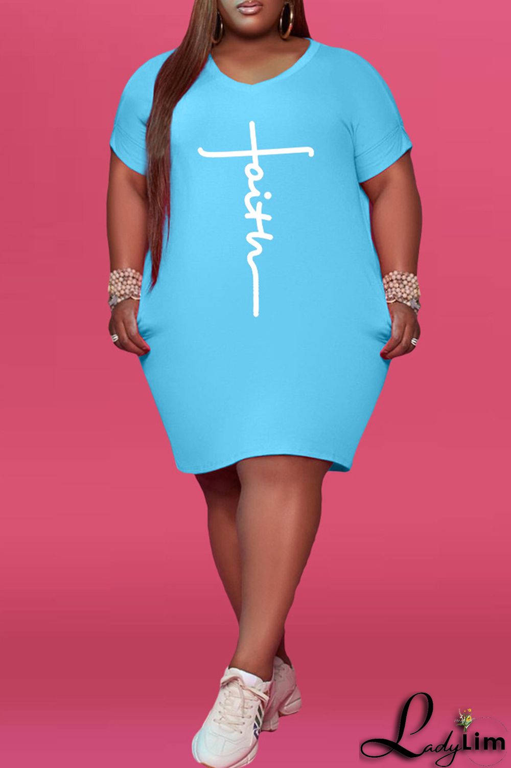 Black Fashion Casual Print Basic V Neck Short Sleeve Dress