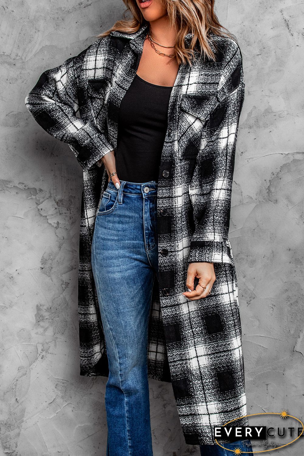 Black Plaid Print Buttoned Pocketed Long Sleeve Long Coat