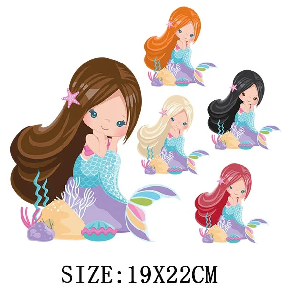 Beautiful Mermaid Thermal Stickers On T-shirt Bag DIY Washable Patches Cute Design Iron On Transfers For Clothes Appliqued Decor