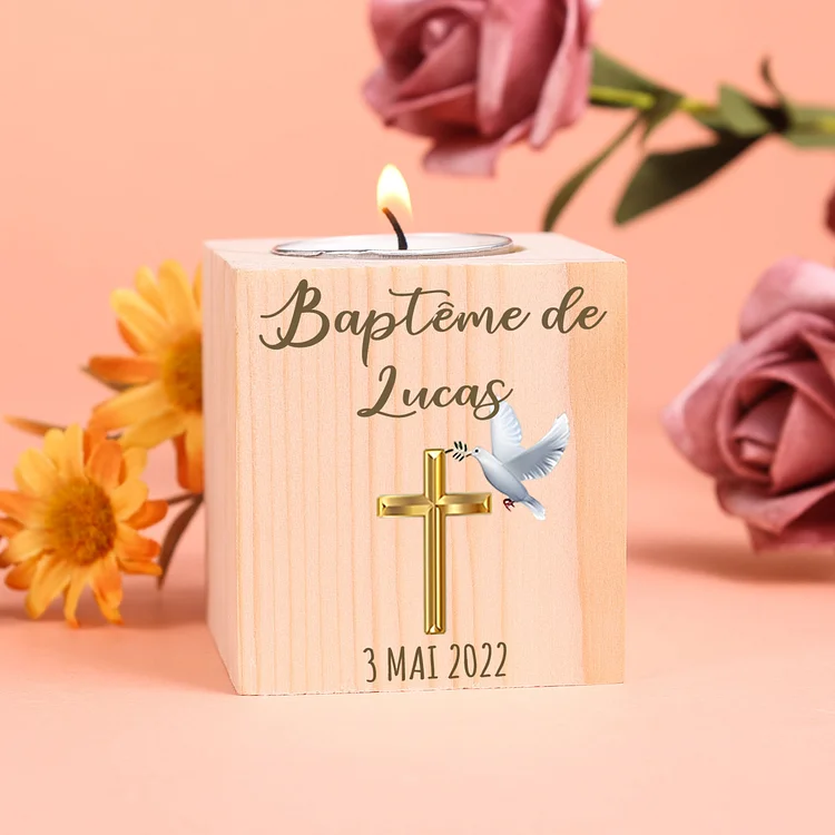 Baptême Bougeoirs en Bois Croix Prénom Personnalisé avec Texte et Photo sans Bougie Jessemade FR