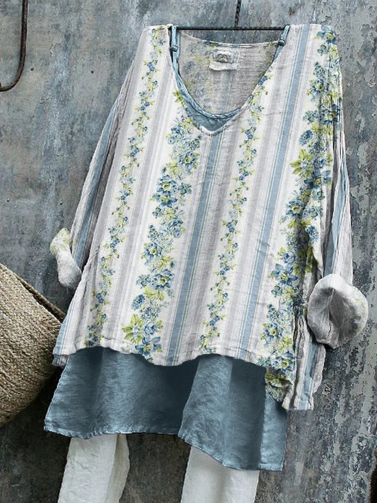 Vintage Floral Striped Pattern Linen Tunic