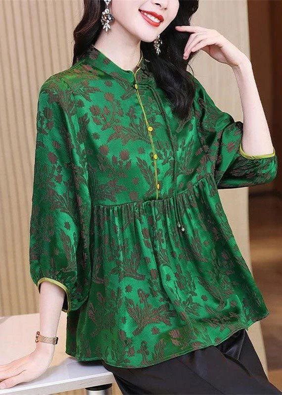 Vintage Green Stand Collar Wrinkled Jacquard Silk Shirt Tops Bracelet Sleeve