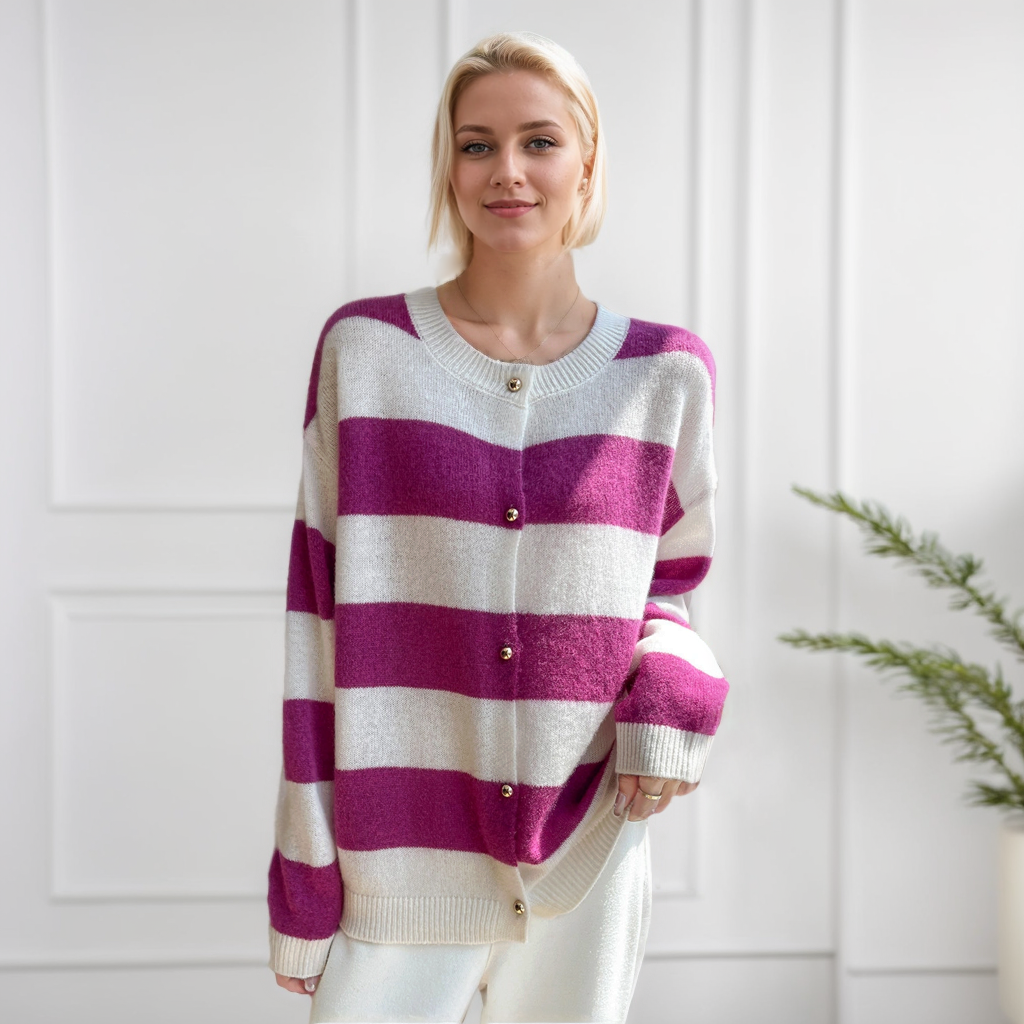 Silk Cashmere Cardigan Contrast Stripes One Size REAL SILK LIFE