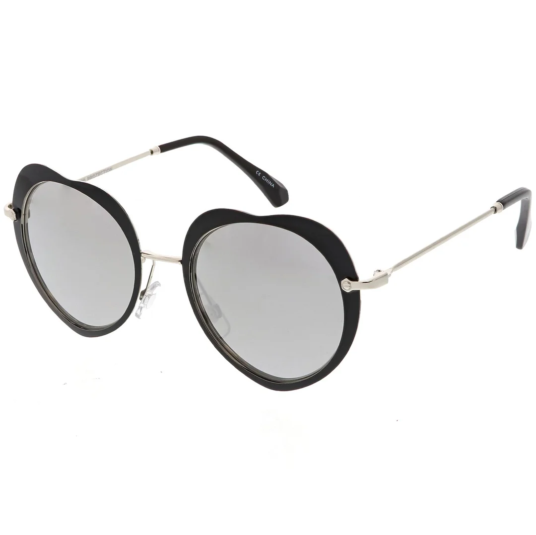 Women's Unique Heart glasses Thin Metal Arms Round Color Mirrored Lens 54mm