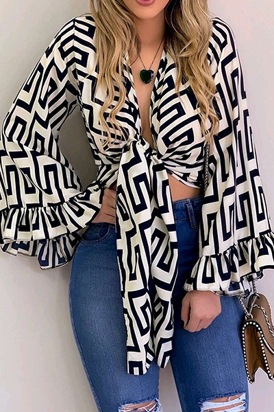 Fashion Elegant Print Flounce Strap Design V Neck Tops