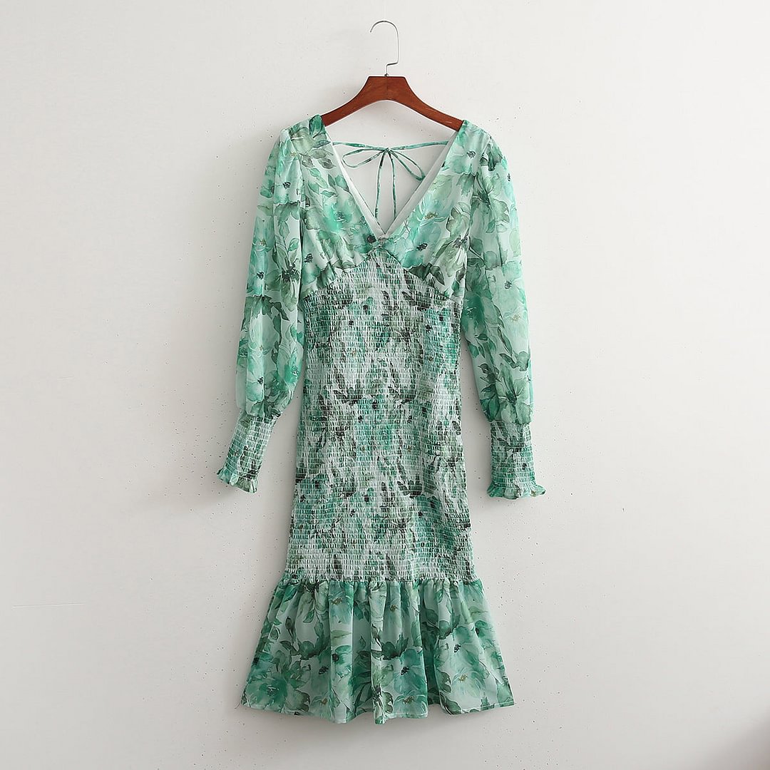 Spring Women's Clothing Chiffon Printed Long Sleeve Dress