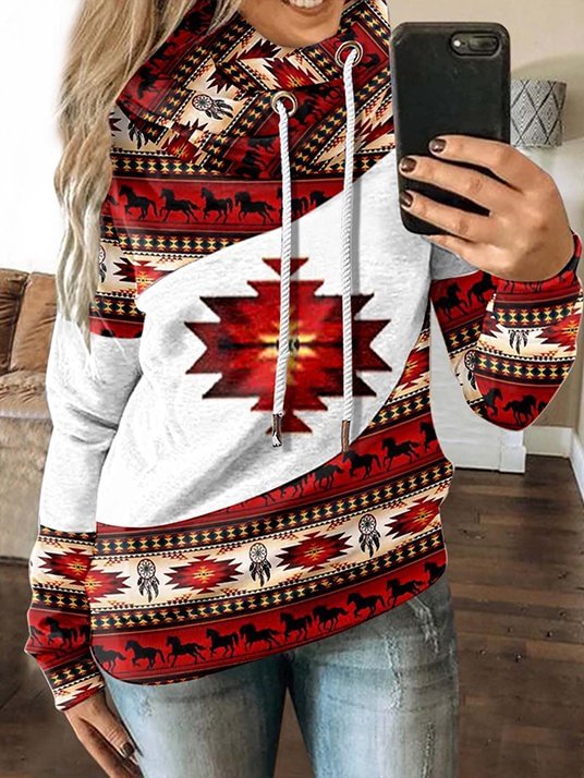 Western Style Retro Ethnic Printed Drawstring Hoodie