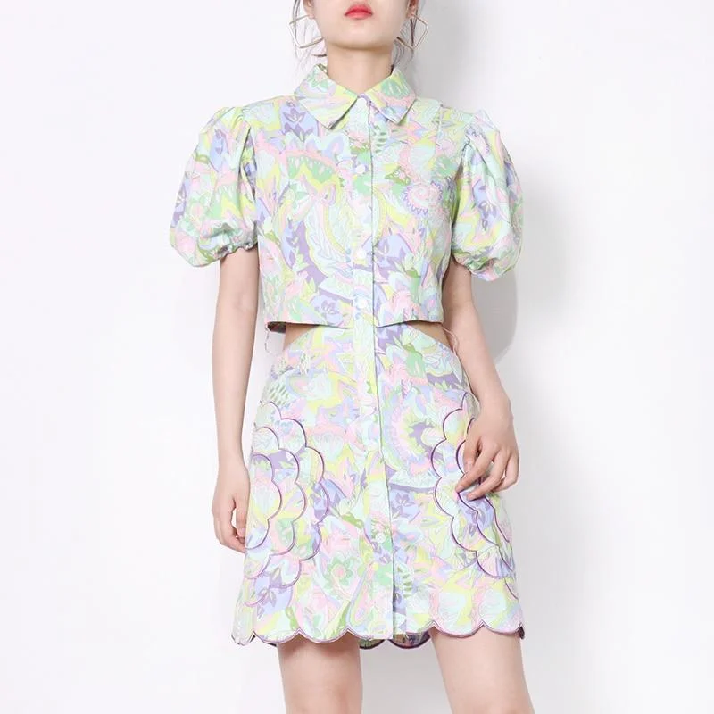 ABEBEY Vintage Print Hollow Out Dress For Women Lapel Puff Short Sleeve High Waist Mini Dresses Female 2023 Summer Fashion