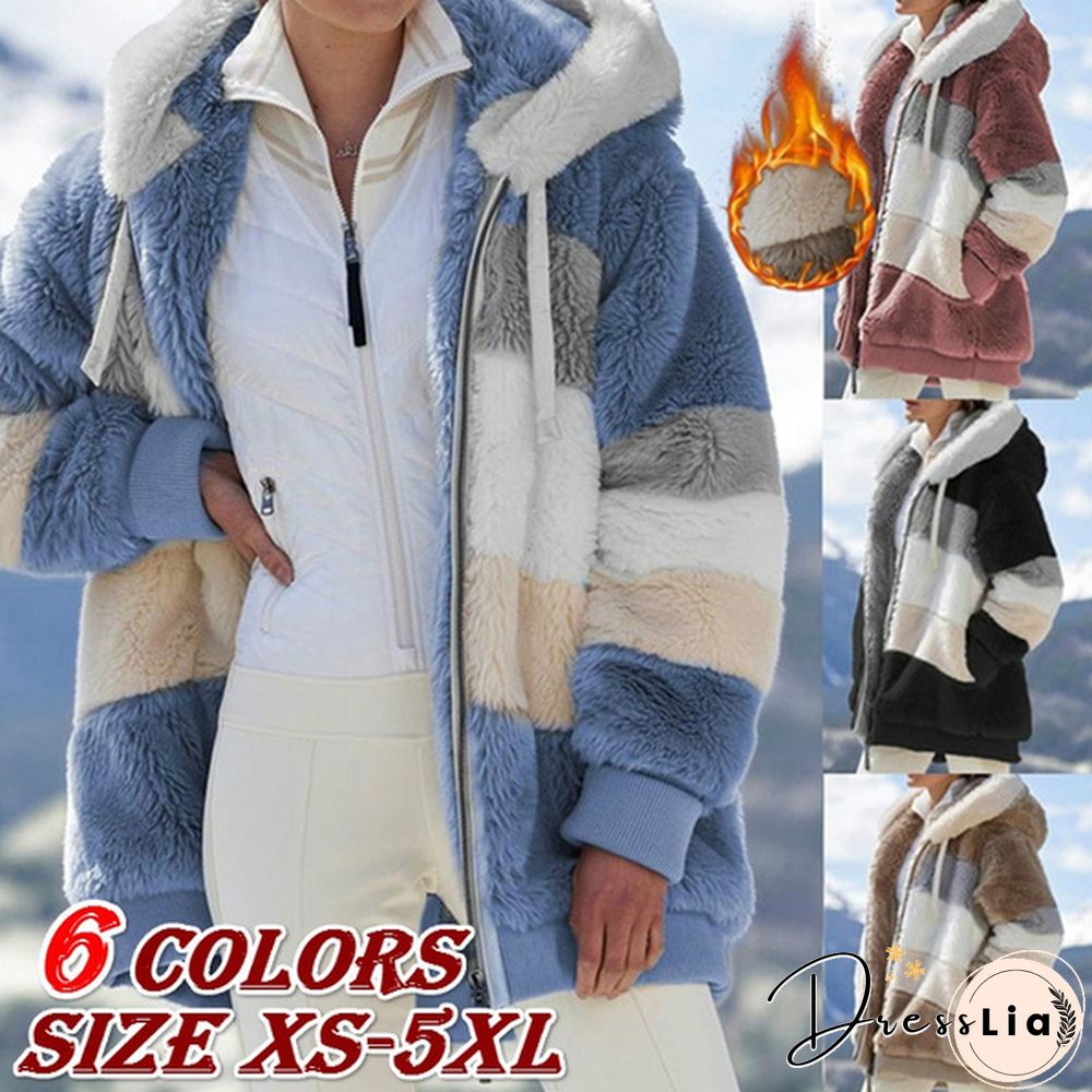 New Trend Women's Fashion Jacket Hooded Winter Warm Plush Loose Jacket for Women Patchwork Winter Outerwear Faux Fur Zipper Ladies Parka Coat Plus Size 6 Colors