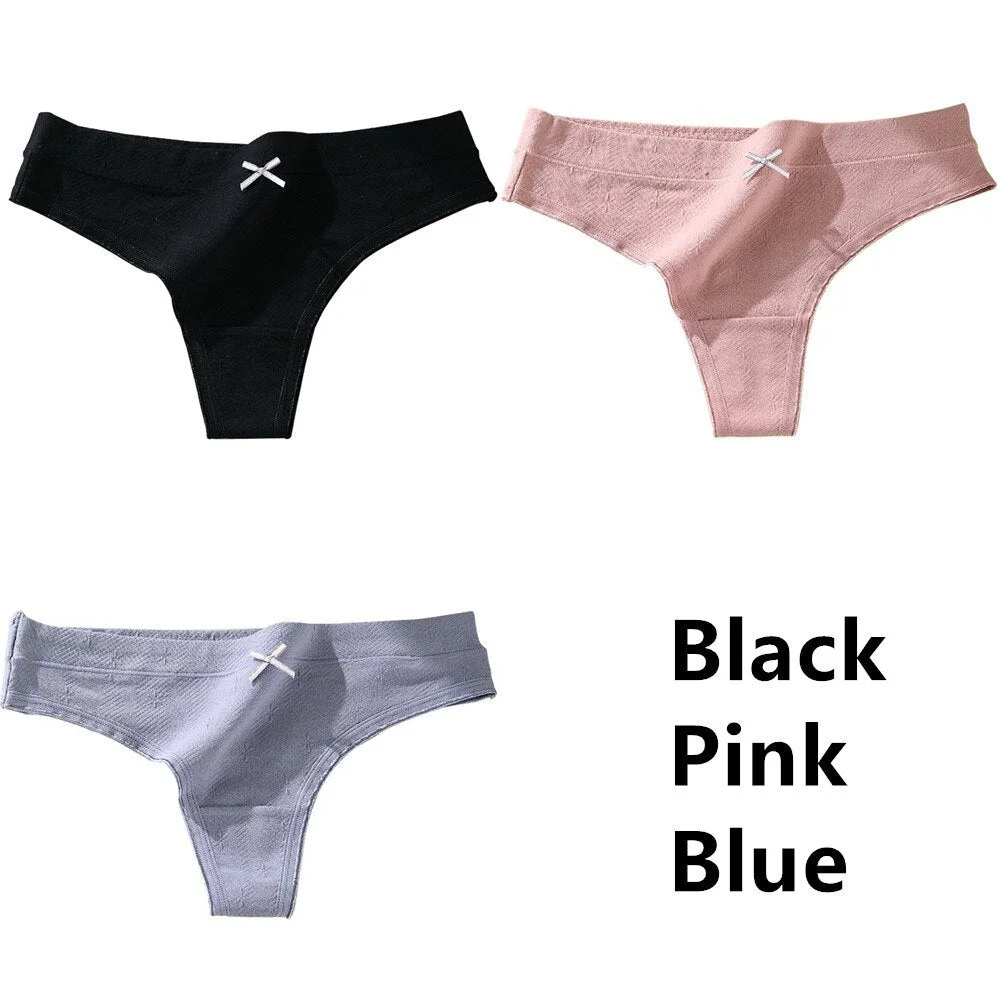 3Pcs Women's Cotton G-String Thong Sexy Panties for Women Bow Seamless Briefs Underwear Intimate Lingerie Ladies T-back Low-Rise