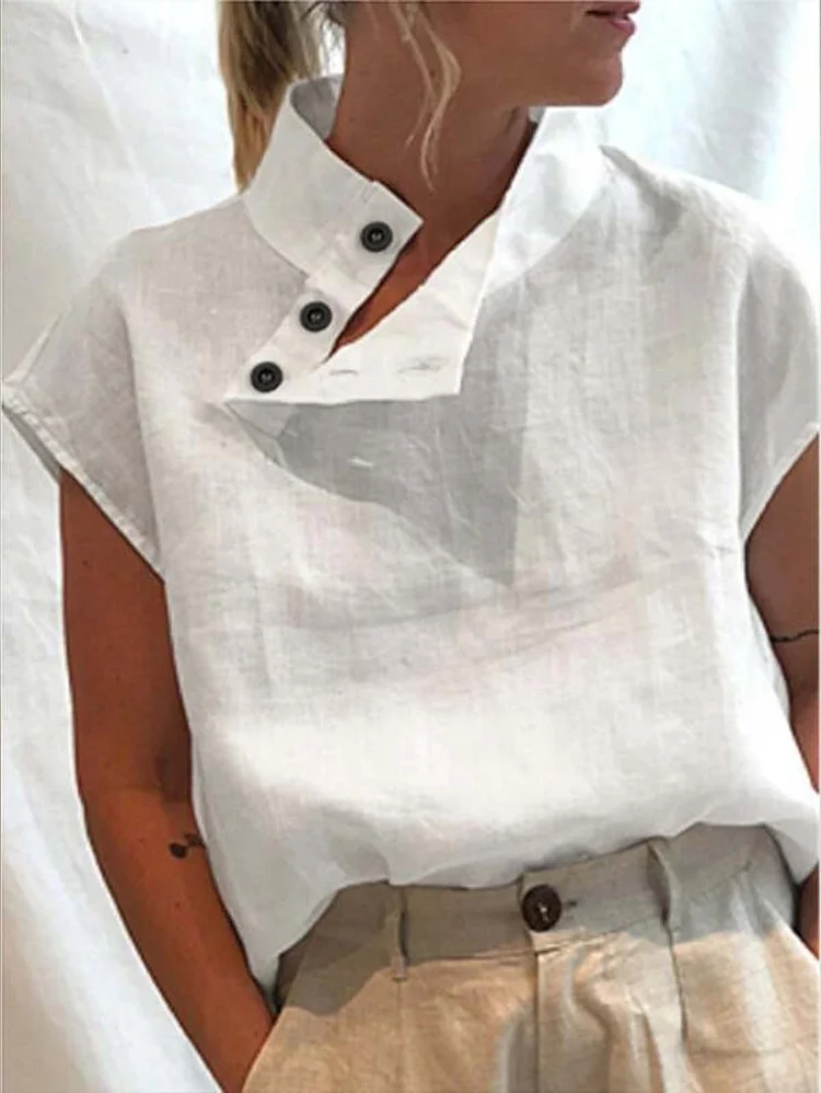 Asymmetric Buttoned Solid Stand Collar Casual Blouse