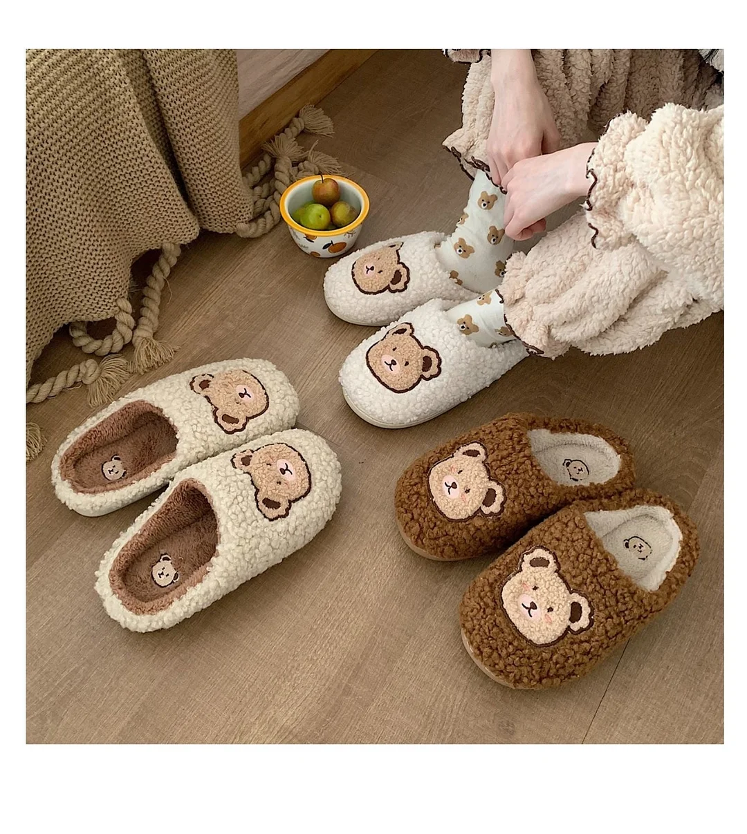2022 Winter Women Slipper Lovely Bear Cartoon Plush Cotton Home Slippers Female Indoor Household Anti-Skid Thick Bottom Slipper