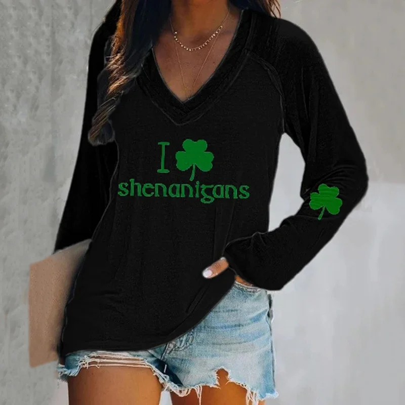 St. Patrick's Day Letters Print V Neck Long Sleeve T-Shirt