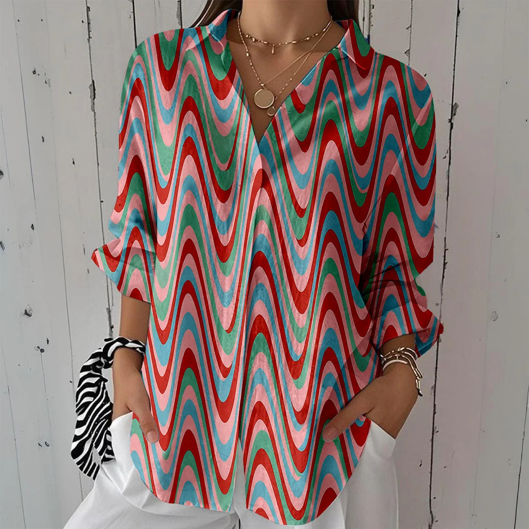 Style & Comfort for Mature Women Women Stripes, Pink DZCL0364 3/4 Sleeve Shirt Collar Printed Button Tops