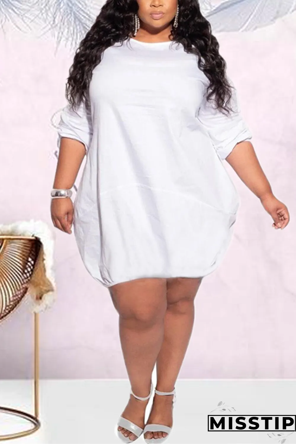 Black Fashion Casual O Neck Long Sleeve Regular Sleeve Solid Long Sleeve Dress Plus Size