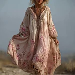 Boho Pink Roses Embroidered Oversize Flowy Linen Maxi Dress - Image 2
