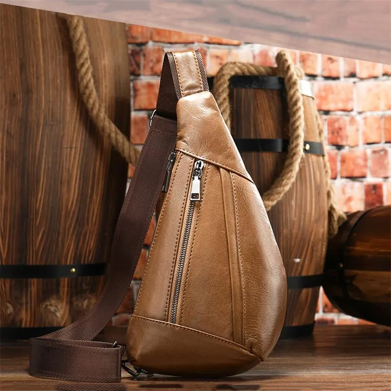 Textured Style Adjustable Strap Genuine Leather Multiple Compartment Sling Backpack