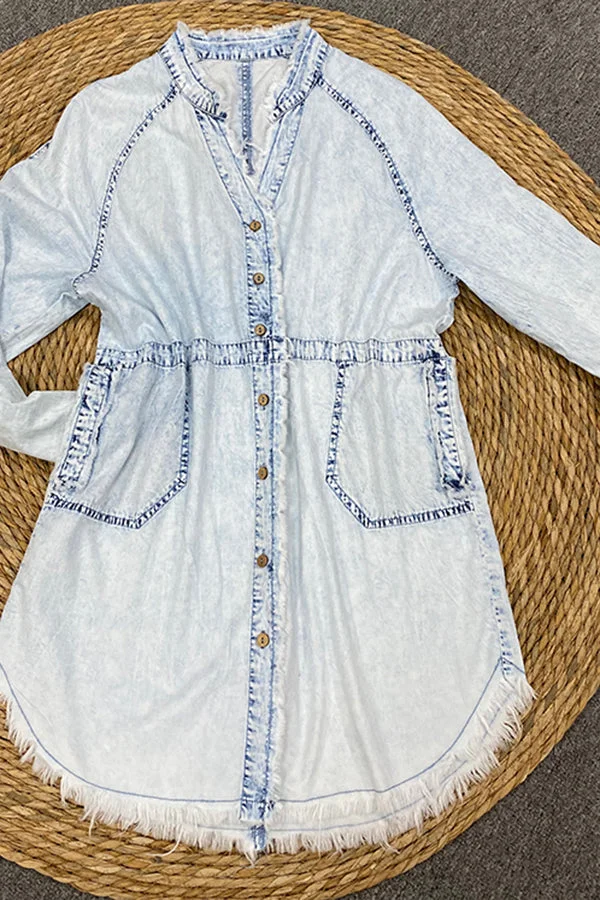 Loose Frayed Pocket Denim Shirt Long Sleeve Mini Dress