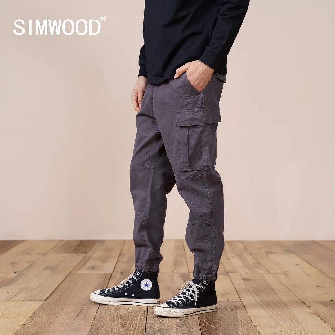 SIMWOOD 2021 Spring New Cargo Pants Men Garment Washed Vintage Drawstring Casual Trousers High Quality Brand Clothing