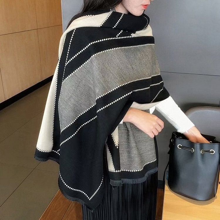 Black + Gray Wool Blend Vintage Stripes Scarves & Shawls
