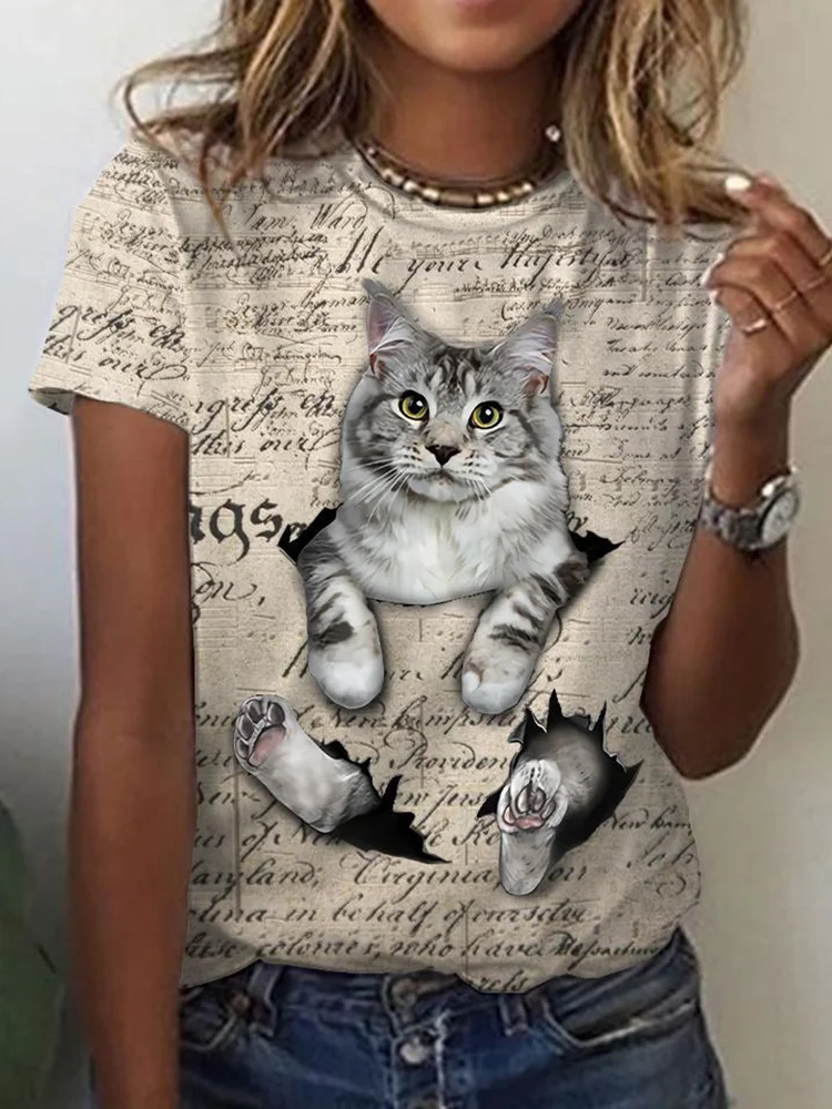 Cute Cat Printed Casual Tee