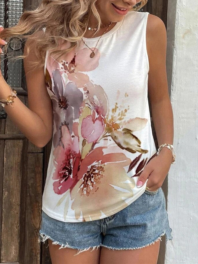 Women's Summer Sleeveless Round Neck Flower Print Casual Top