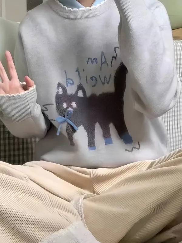 Athvotar Athvotar Academy Wind Knitted Sweater Woman Design Sensing Cat Pattern Lazy Small Knitted T-Shirt Winter