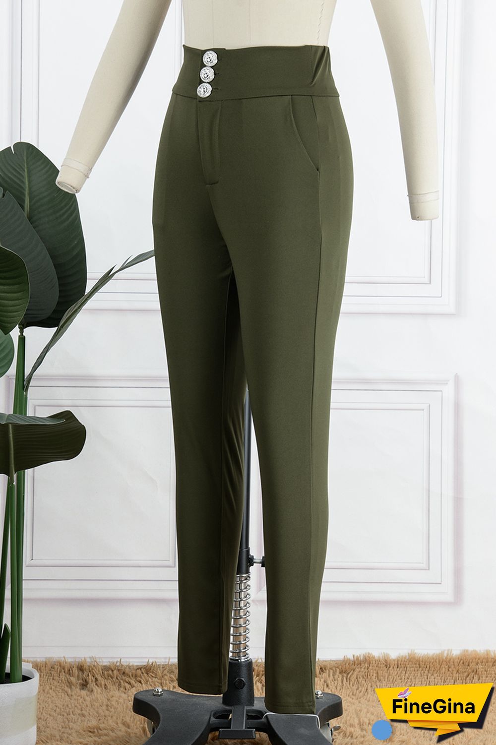 Black Casual Solid Buttons Regular High Waist Conventional Solid Color Trousers