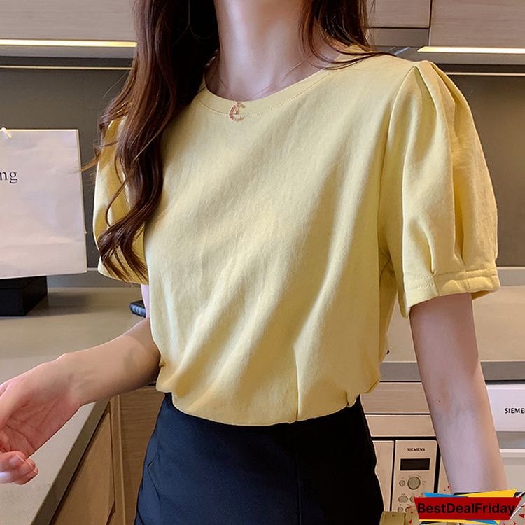 T-Shirts Women Folds Puff Sleeve Tops Tees Casual Solid Comfortable Fashion Students Elegant Ladies Classy Girls Tender Ulzzang