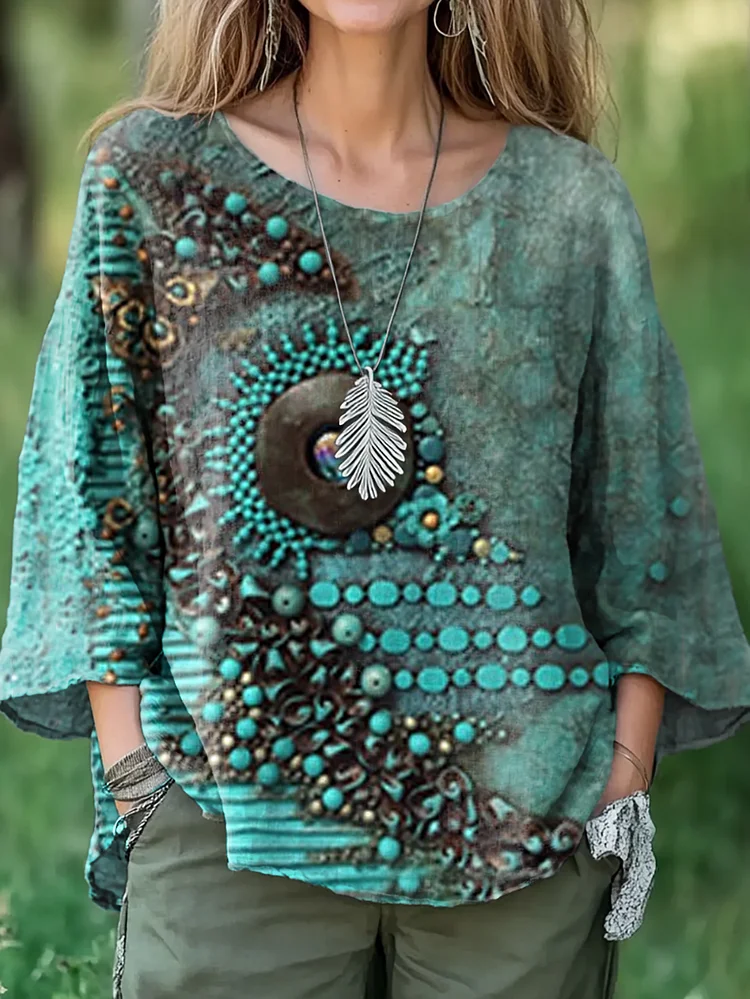 Women's Vintage Beaded Pattern Art Print Casual Cotton and Linen Shirt