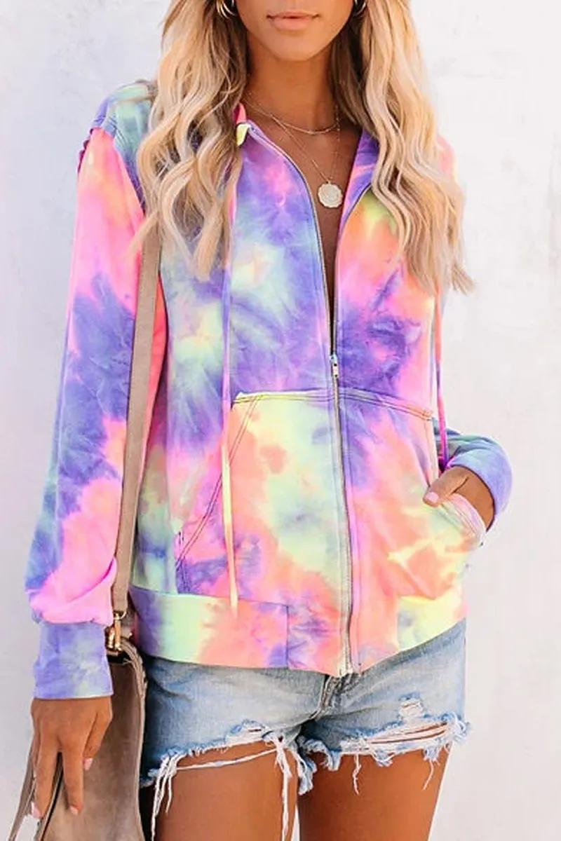 Hooded Collar Tie Dye Zipper Pocket Hoodies
