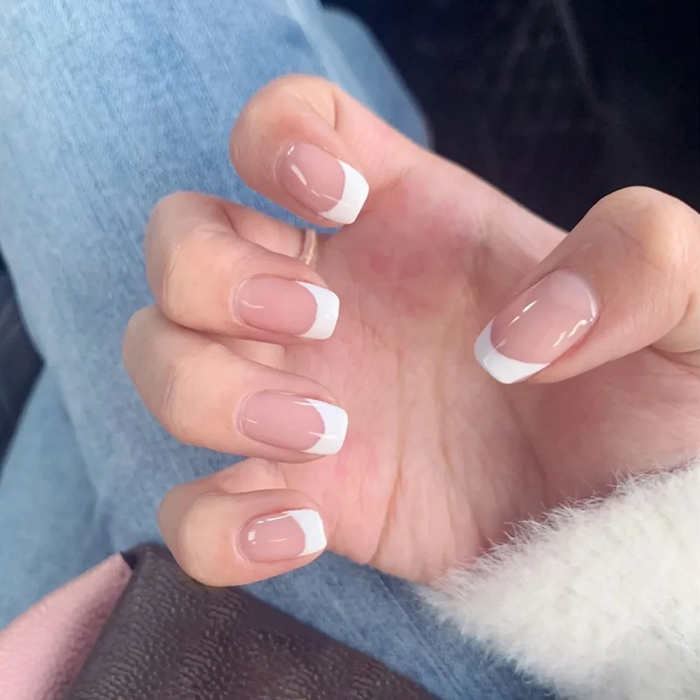 Applyw Summer Short Natural Nude White French Nail Tips False Fake Nails Acrylic Press on Ultra Easy Wear for Home Office Wear