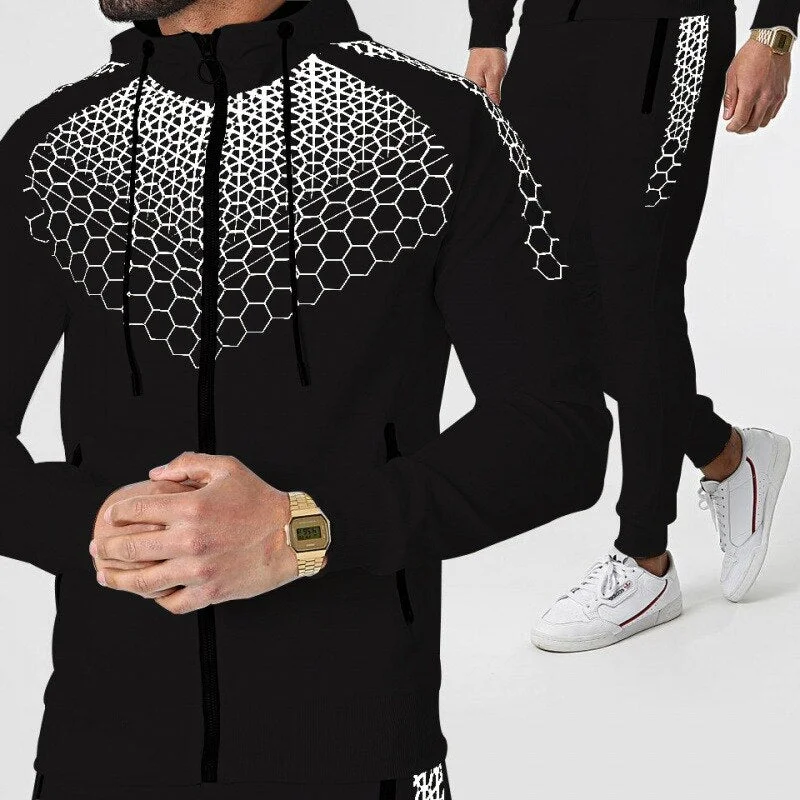 AongaMen's Spring And Autumn High-quality Fashion 3d Sportswear Suit New Long-sleeved Zipper Hoodie + Jogging Pants 2-piece Set