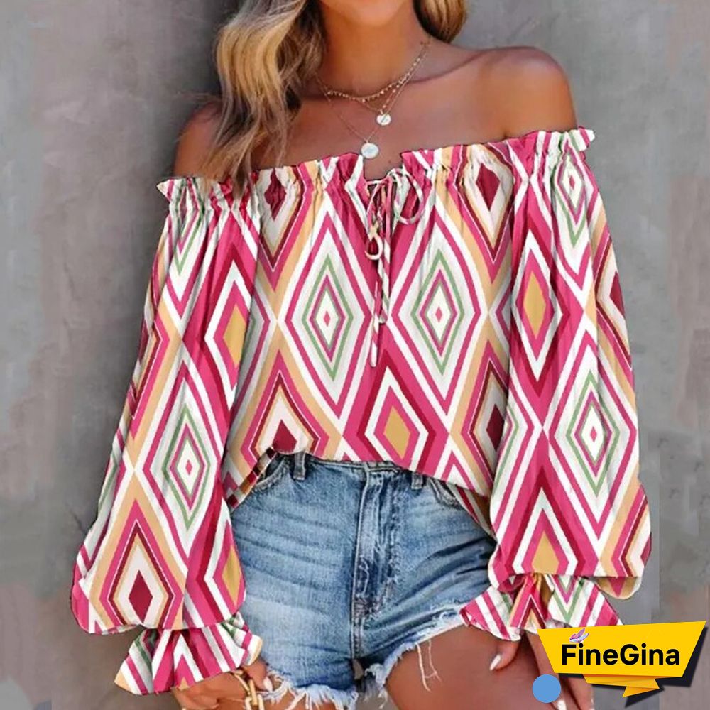 Women Casual Loose Off Shoulder Blouse Vintage Boho Print Blouses Ladies Sexy One Word Collar Lantern Sleeve Hollow Pullover Top