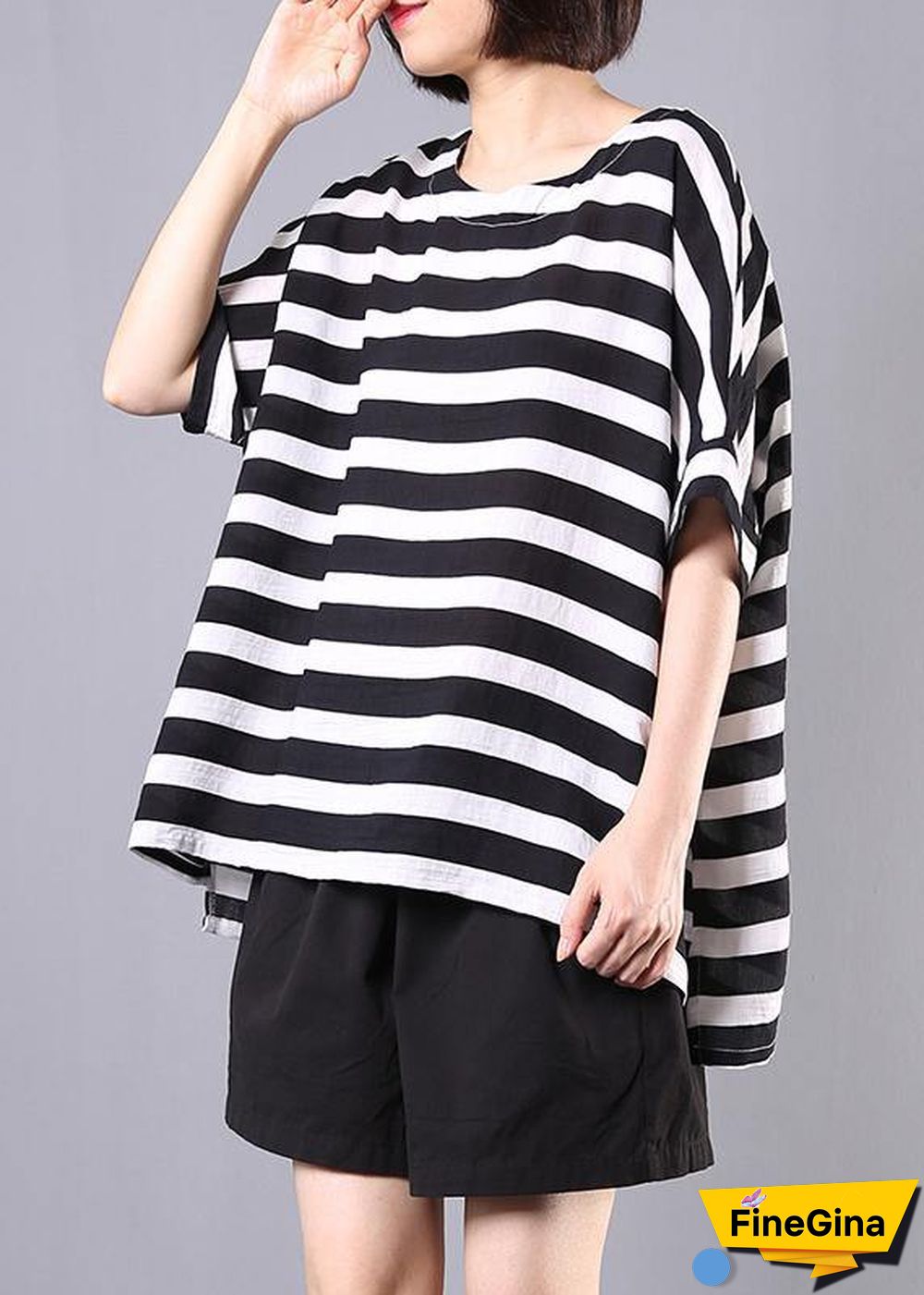 2019 new cotton blended black striped short sleeve pullover with elastic waist short two pieces