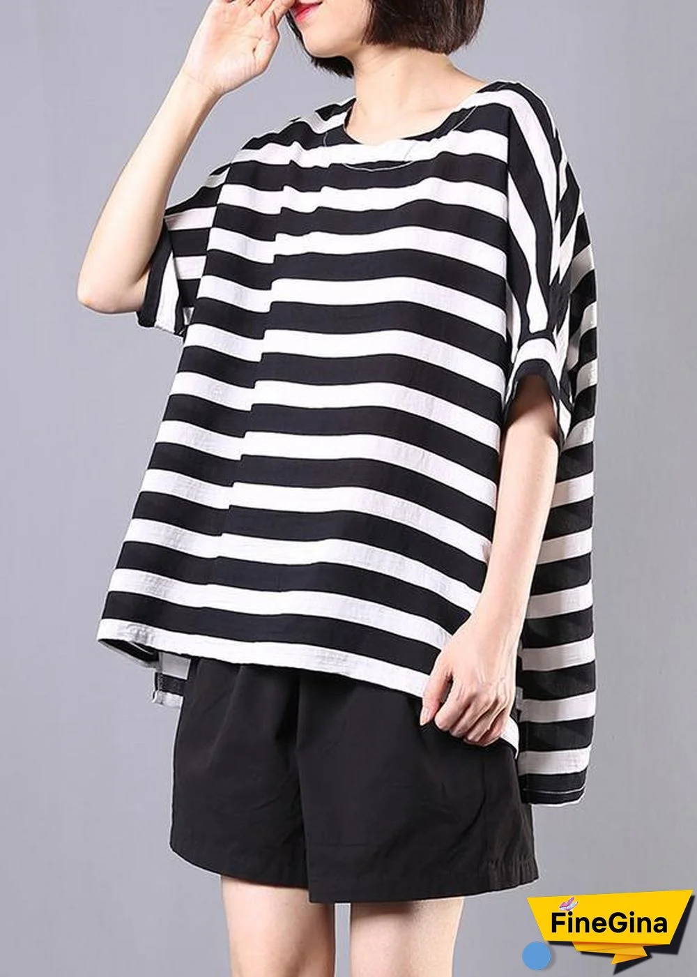 2019 new cotton blended black striped short sleeve pullover with elastic waist short two pieces