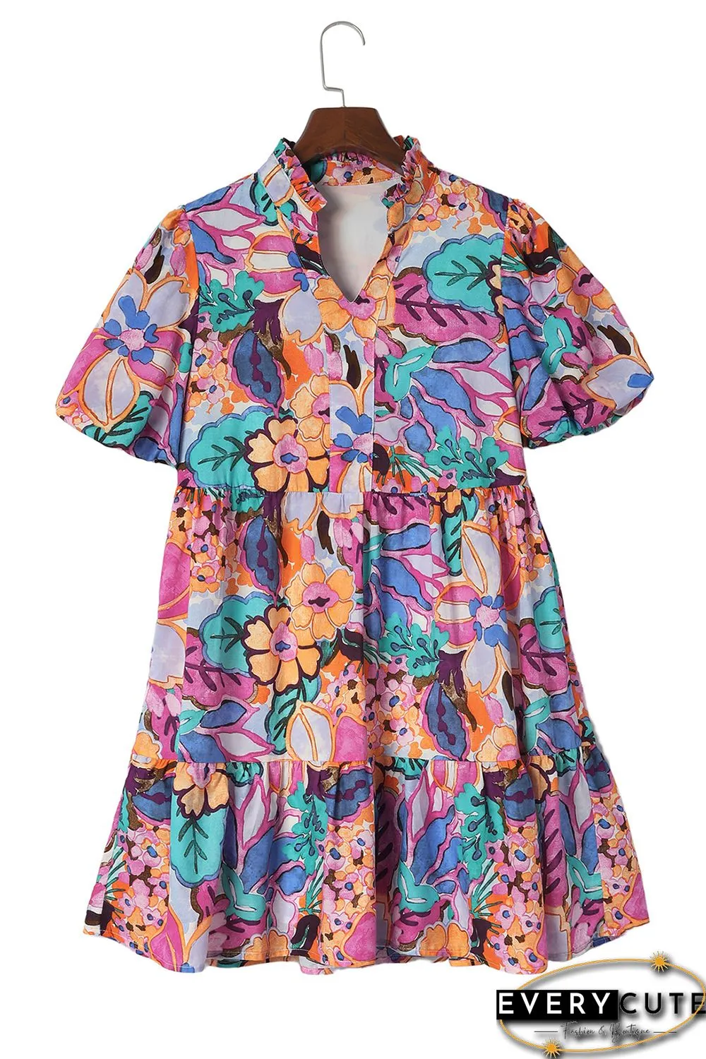 Multicolor Floral Print V Neck Puff Sleeve Mini Dress