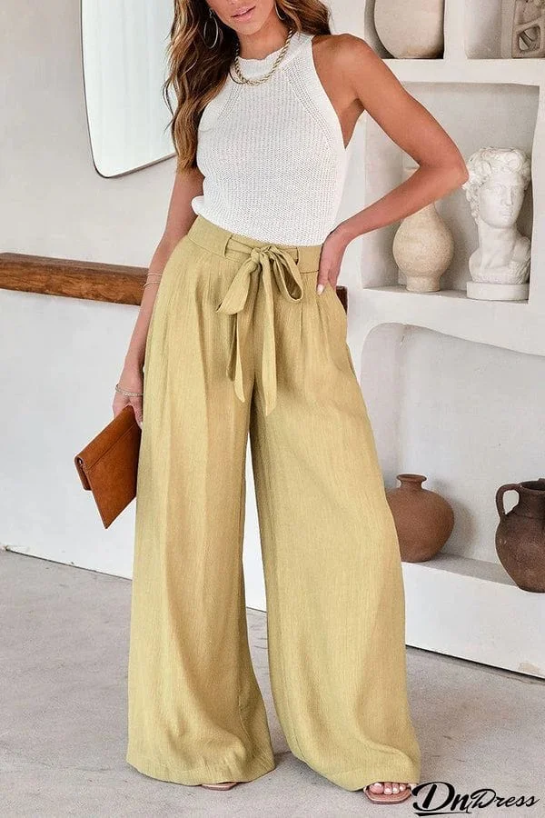 High Waist Pocket Tie Long Pants