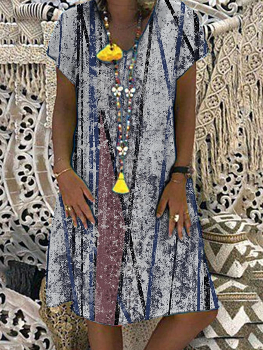 Casual Printed Short Sleeve V-Neck Dress