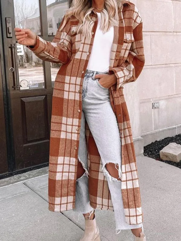 Mayoulove Brown long plaid women coat-Mayoulove