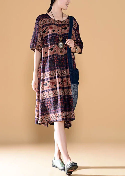 Vintage Colorblock O Neck Print Patchwork Linen Dress Summer