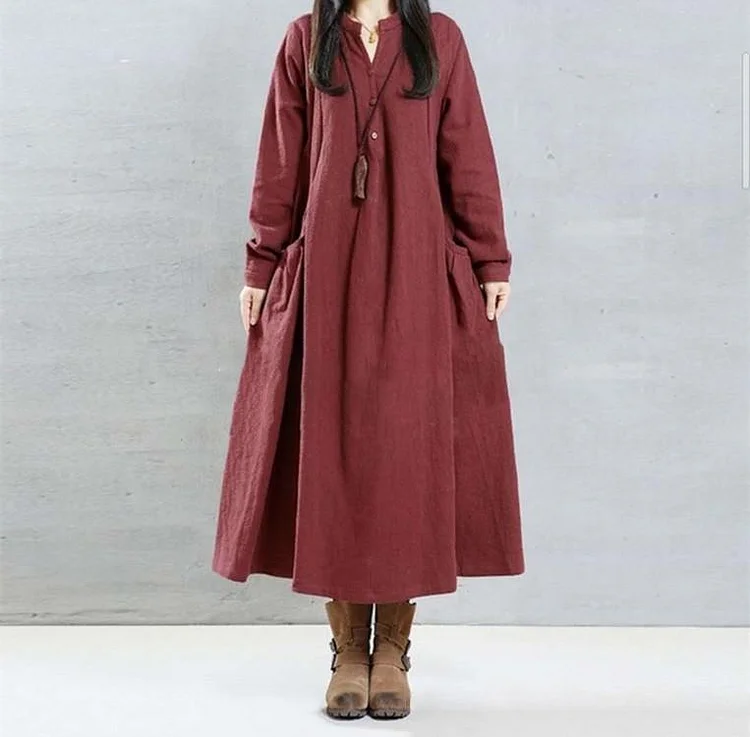 Retro V-neck Long Sleeve Pocket Dress