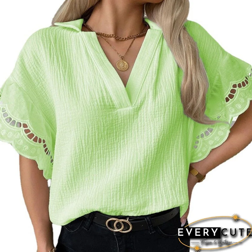 Summer Lace V-Neck Short Sleeve Loose Casual Shirt