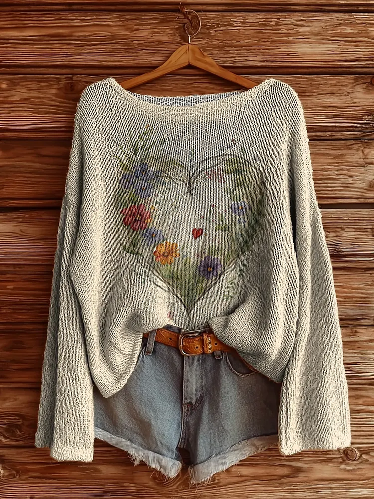 Women's Floral Heart Pattern Art Print Casual Pullover Sweater