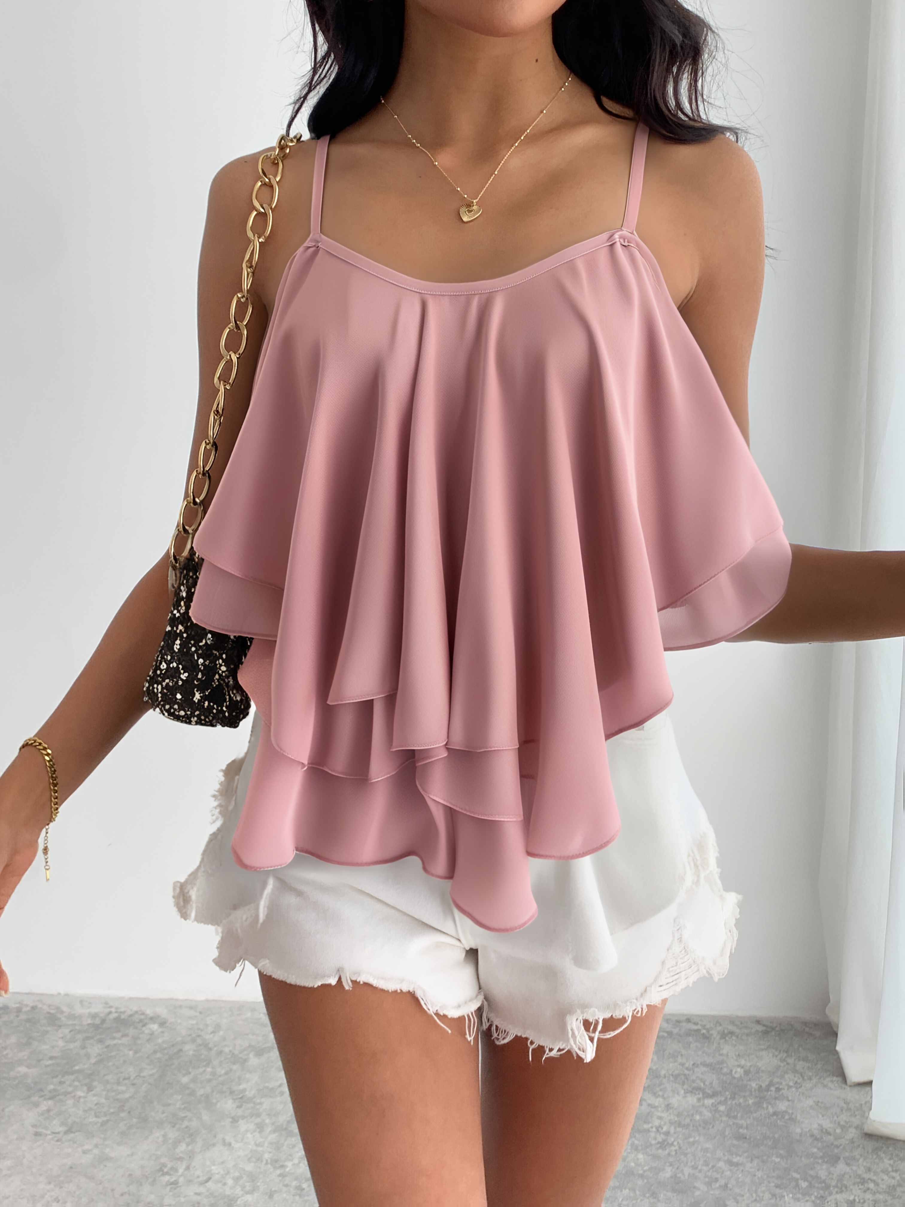Women's Lightweight Chiffon Ruffle-Trimmed Layered Camisole Blouse - Off-Shoulder Summer Top With Asymmetrical Hem, Machine Washable & Breathable For Casual Outings, Relaxed Fit Blouse | Offshoulder Blouse | Delicate Texture | IFYHOME